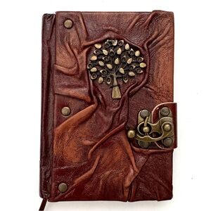 Handcrafted 3D Leather Journal/Diary with Brass Tree of Life & Clasp Lock, 6x4”